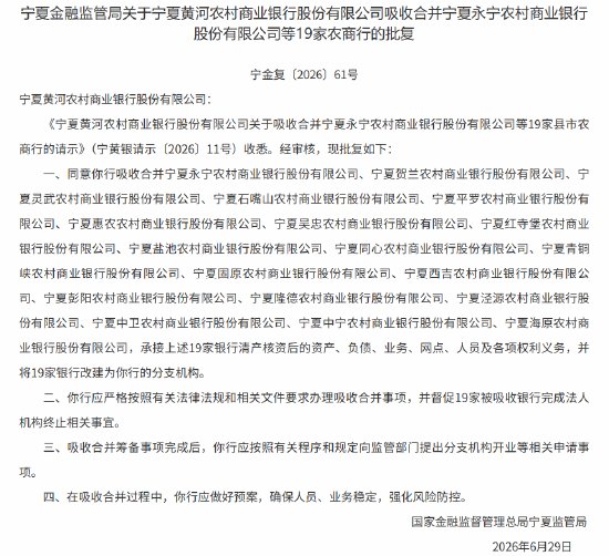 宁夏黄河农商行获批吸收合并19家农商行并设立分支机构